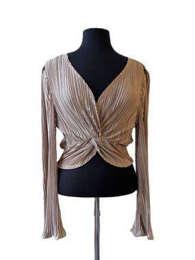 Champagne Gold Metallic Plissé Twist Knot Long Sleeve Crop | NWOT